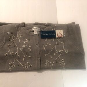 Long sleeve embroidered knit sweater with “pearl like” bead accents